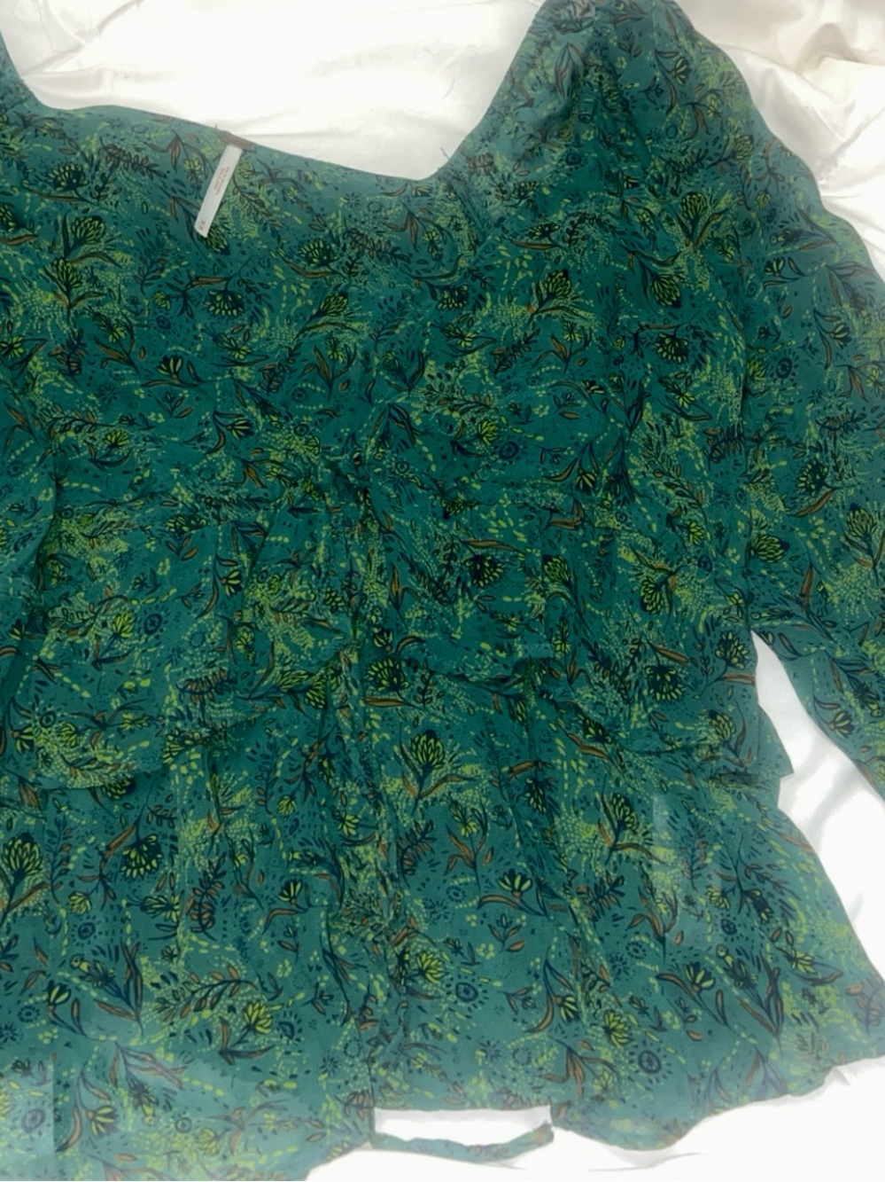 Free People Teal Green Floral V-Neck Ruffle Sheer Blouse - Picture 2 of 4
